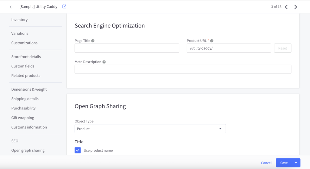SEO field options on a product page in BigCommerce