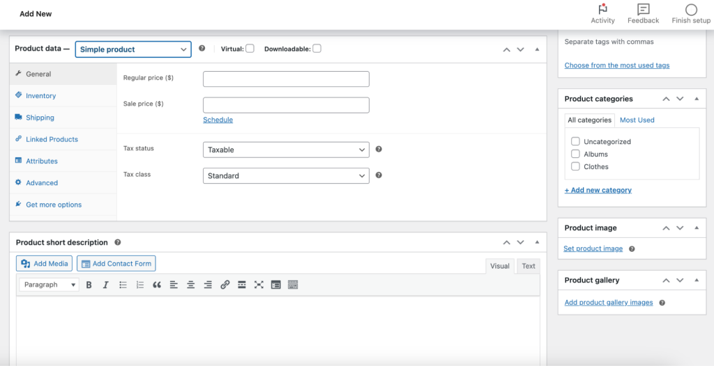 adding a product in WooCommerce, with fields for price, tax status, description, and more