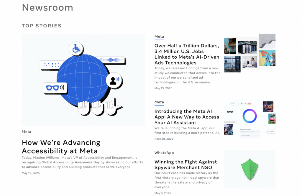 The Meta Newsroom home page
