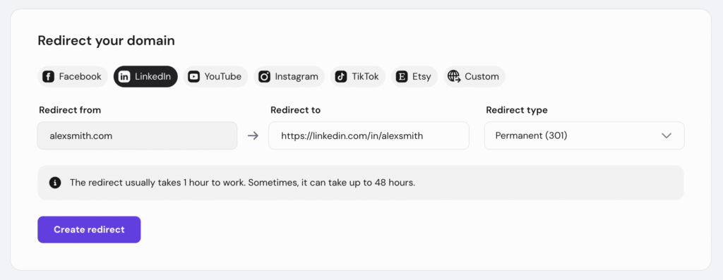 Domain registrar forwarding settings with the LinkedIn URL entered