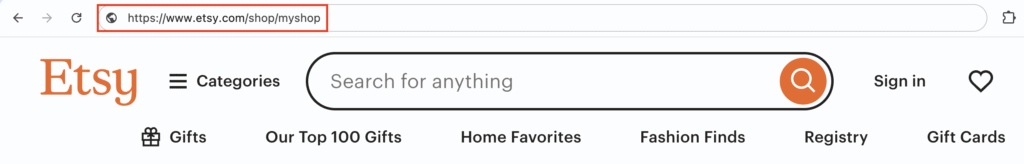 Etsy shop URL highlighted in the browser address bar