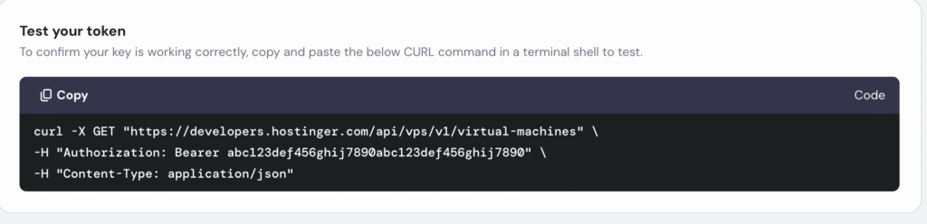 The API token test commands on hPanel