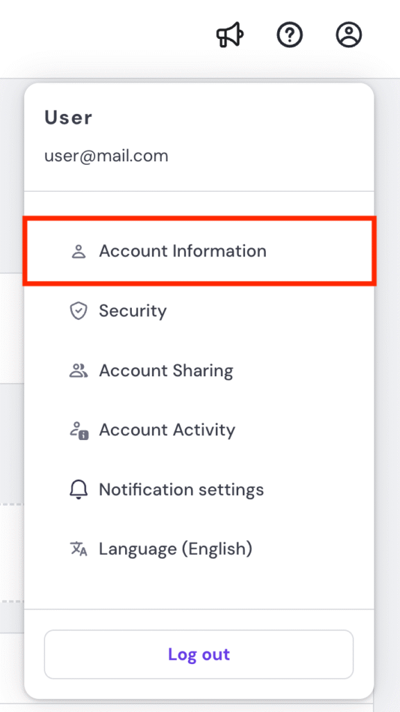 hPanel's account drop-down menu with the Account Inspiration button highlighted
