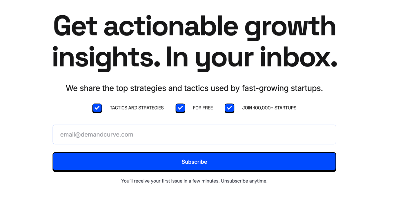DemandCurve's newsletter signup landing page