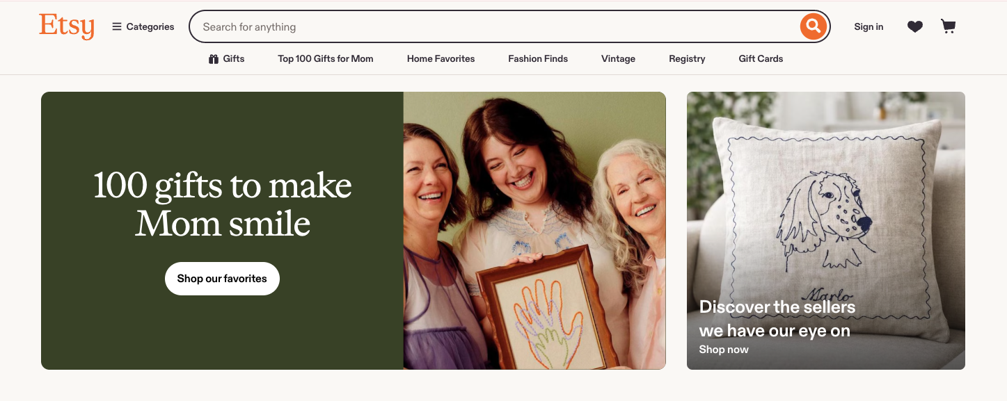 Homepage of Etsy - an online selling platform