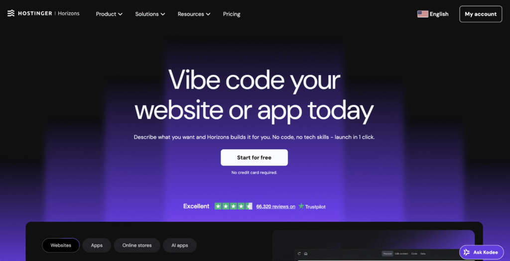 Hostinger Horizons landing page