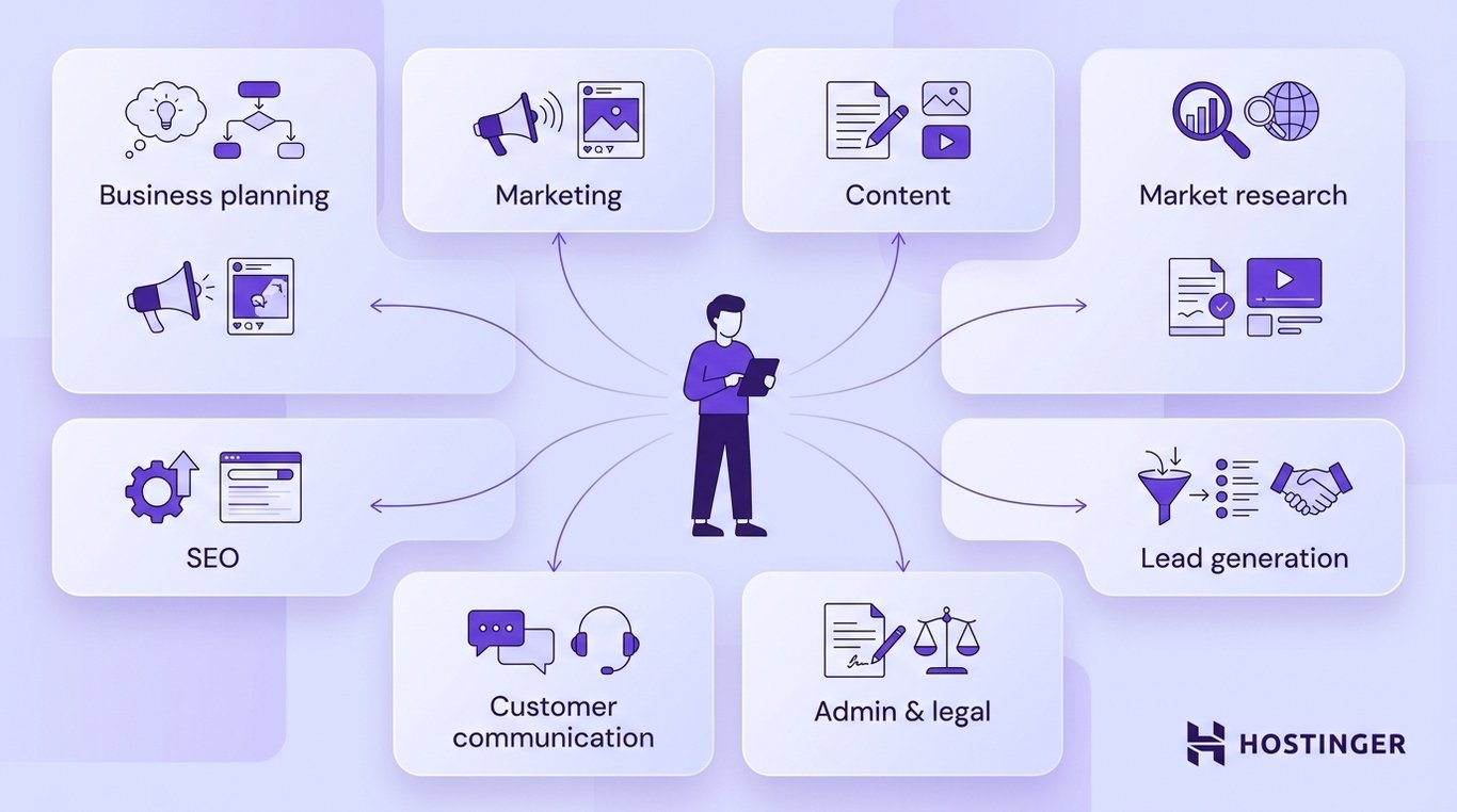 AI for solopreneurs - A solopreneur at the center of a radial diagram connected to eight AI use case zones: business planning, market research, marketing, content, SEO, lead generation, customer communication, and admin and legal support.