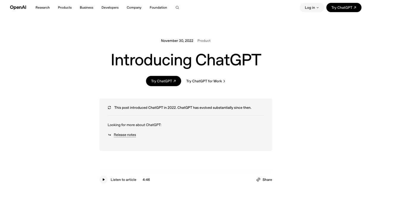 OpenAI’s “Introducing ChatGPT” page, originally published in November 2022, with links to try ChatGPT and view current release notes.