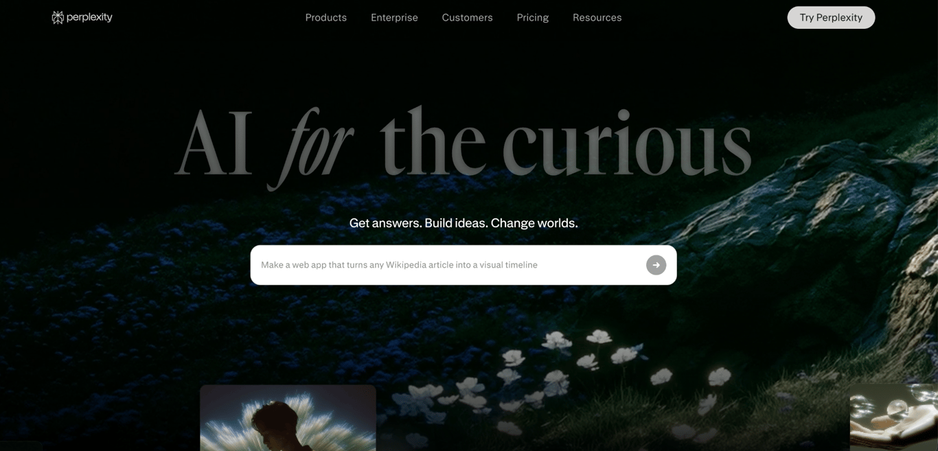 Perplexity homepage featuring its AI search and answer interface with the tagline “AI for the curious.