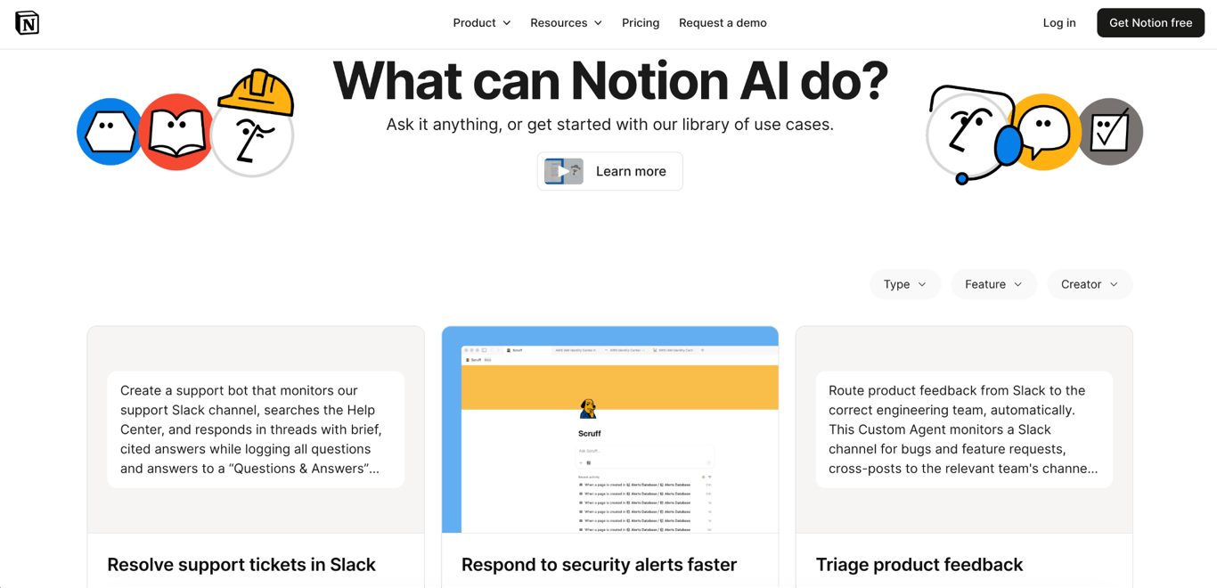 Notion AI use cases page showing examples for support automation, security alerts, and product feedback workflows.
