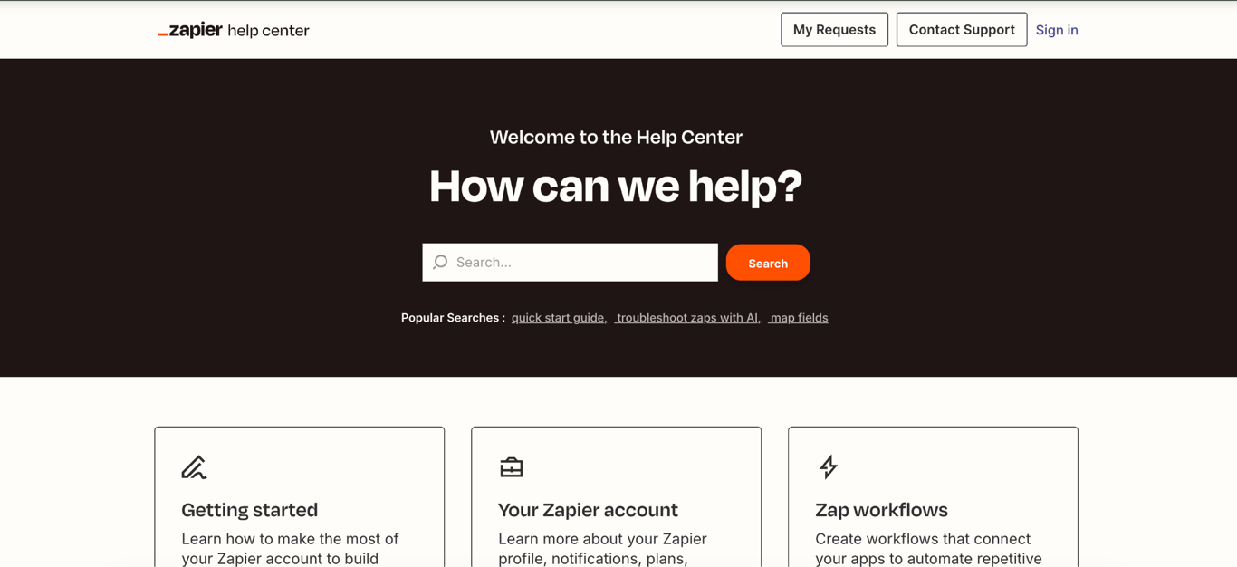 Zapier Help Center homepage with a search bar and support categories for getting started, account management, and Zap workflows.